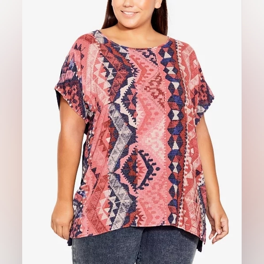 NWT Plus Size High-Low Mixed Media Top in Bandana by Avenue